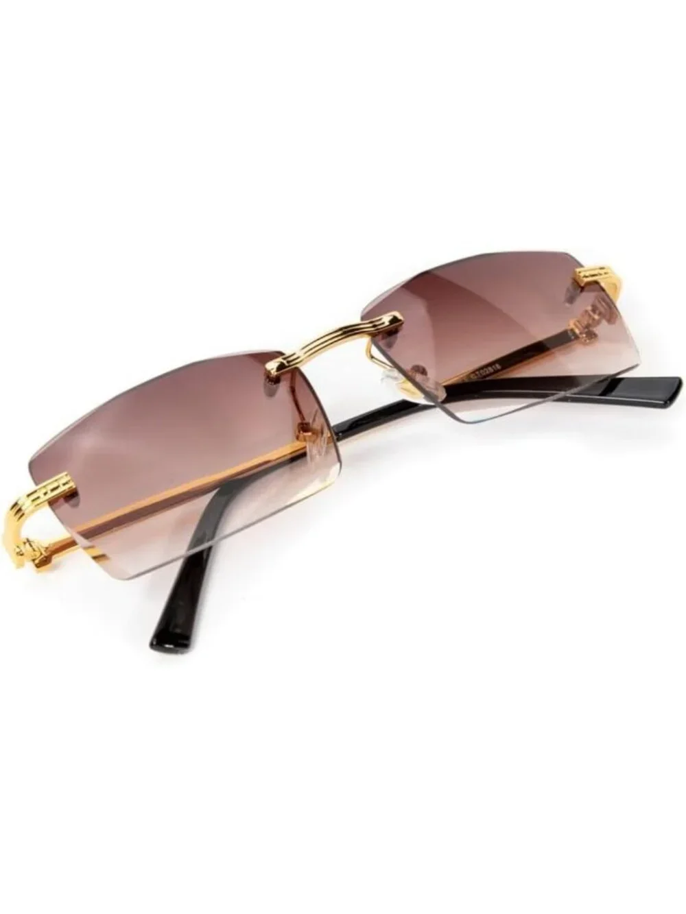 Trendy Retro 90's Rimless Square Sunglasses - Gold Frame, Brown Gradient Tint